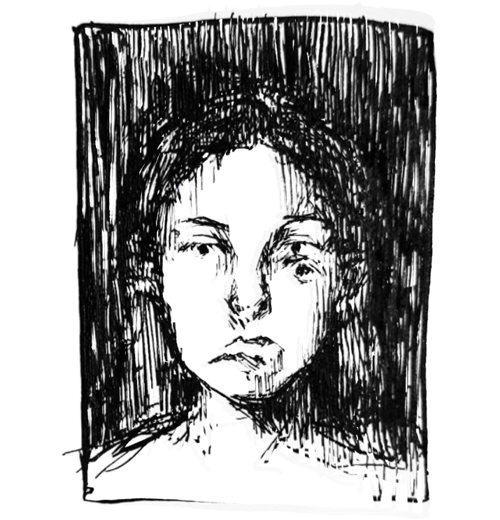 hand drawn self portrait of the artist. white and black line ink drawing of the woman's face